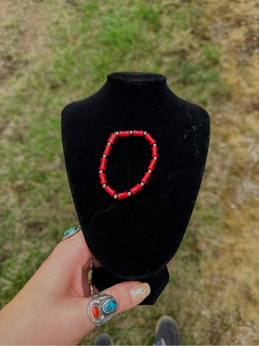 Red Coral & Stainless Steel Pearl Stretch Bracelet